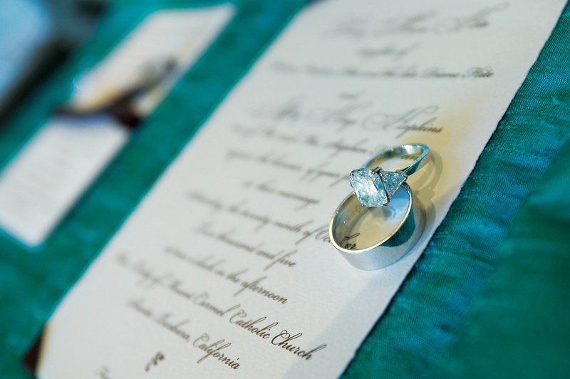 Three-Stone Engagement Ring
Photography: Tony Florez Photography
Read More:
http://www.insideweddings.com/weddings/peacock-feather-themed-wedding-in-santa-barbara-california/166/ Couple's wedding band and diamond ring