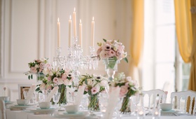 Pastel Floral Arrangements
Photography: Milton Photography
Read More:
http://www.insideweddings.com/weddings/inspirational-pastel-wedding-at-a-french-chateau-in-paris-france/650/ Wedding reception table with high and low arrangement of pink roses, lisianthus, white anemones