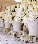 White Ginger Jar Centerpieces
Photography: Vue Photography
Read More:
http://www.insideweddings.com/weddings/a-wedding-planners-personalized-celebration-at-a-historic-mansion/824/ White wedding reception decor, white hydrangea, orchid, rose centerpiece in ginger jar on lucite