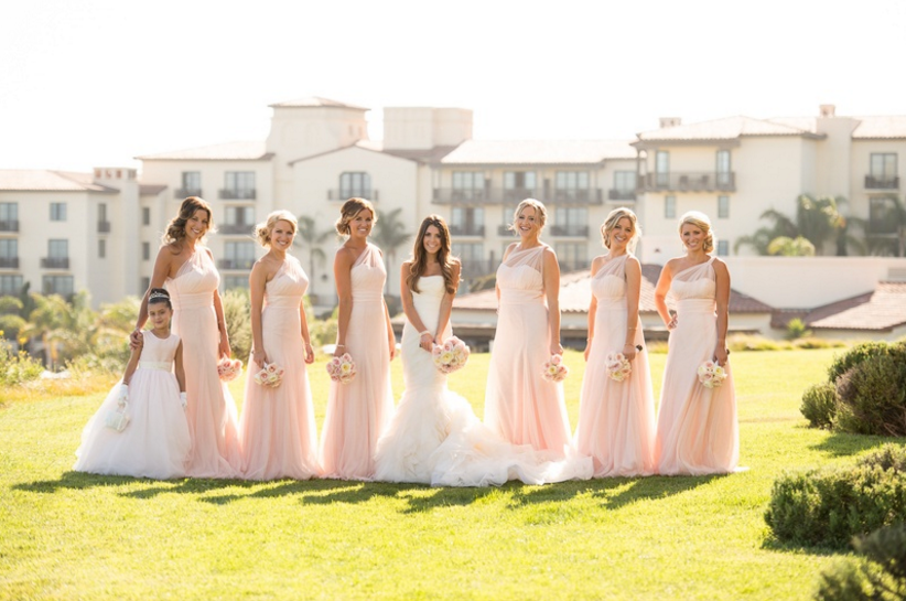 one shoulder blush bridesmaid dresses