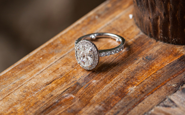 oval diamond halo engagement ring, pavé band, white gold